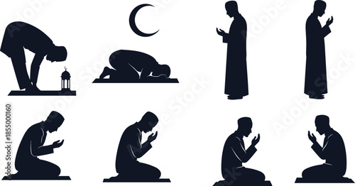 Islamic prayer positions silhouette set showing Muslim man performing salah and dua worship spirituality isolated vector illustration on white background