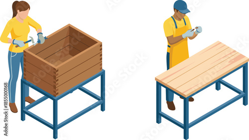 Isometric woodworking workshop illustration with carpenters assembling wooden box and table, furniture production and carpentry process isolated on white background
