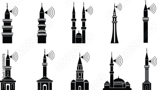 Islamic mosque minaret silhouette set with loudspeaker calling adhan prayer isolated on white background religious architecture vector illustration