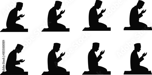 Muslim man praying dua silhouette set showing kneeling Islamic worship posture spirituality isolated on white background religious prayer vector illustration