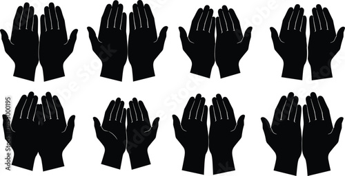 Islamic praying hands silhouette collection showing dua gesture worship spirituality isolated on white background religious prayer vector illustration set