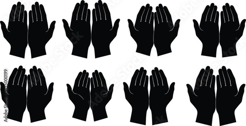 Praying hands silhouette set showing Islamic dua gesture worship spirituality isolated on white background religious prayer vector illustration design collection