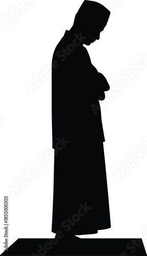 Silhouette of Muslim man praying salah in traditional Islamic clothing isolated on white background religious worship vector illustration