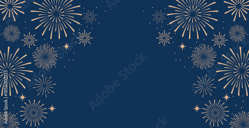 Elegant gold fireworks burst and sparkling stars on clean blue background, festive celebration illustration for New Year, holiday party, greeting card, luxury event design, minimalist style vector.