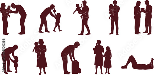 Maroon silhouette of people in various poses and interactions family adults
