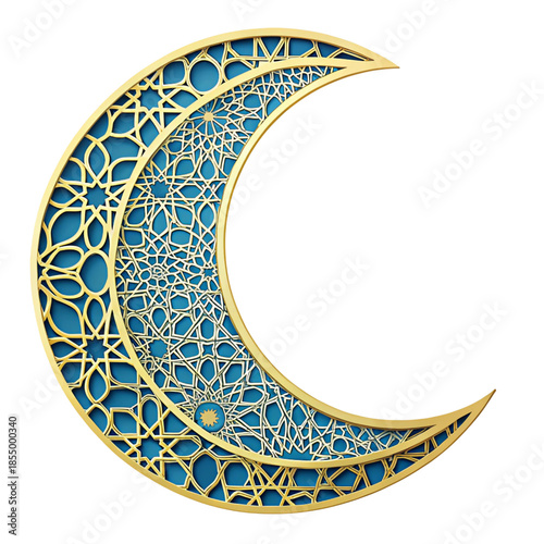 Intricate gold and blue crescent moon with detailed geometric arabic patterns