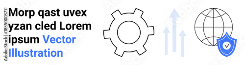 Gear symbol shows process, globe symbolizes global connectivity, shield ensures security. Upward arrows suggest growth. Ideal for business, technology, innovation, security, teamwork globalization