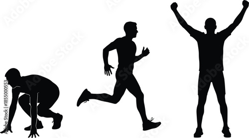 Three black silhouettes of men running and celebrating on white background