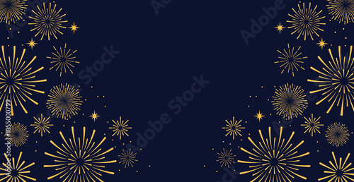 Elegant gold fireworks burst and sparkling stars on clean blue background, festive celebration illustration for New Year, holiday party, greeting card, luxury event design, minimalist style vector.
