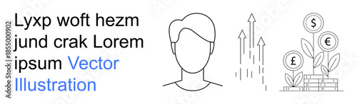 Financial growth, personal finance, currency investment, economic analysis, business strategy, entrepreneurship. Minimalistic line art showing a person, upward trends and currency symbols. Financial