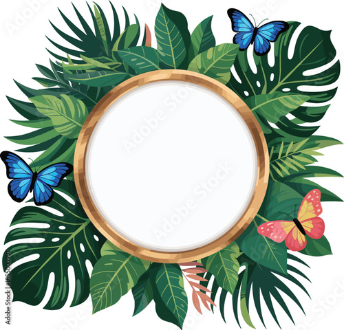Tropical round wooden frame surrounded by lush green leaves and colorful butterflies, botanical jungle wreath illustration isolated on white background