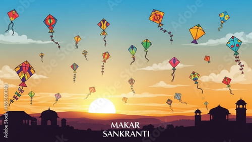 Vibrant kites soar in the sky during makar sankranti festival at sunset with colorful kites
