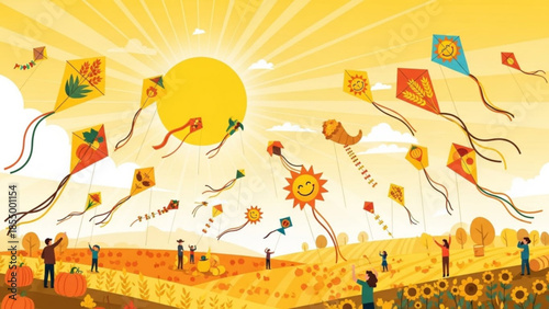 People flying colorful kites with smiling sun designs in a sunny field of pumpkins