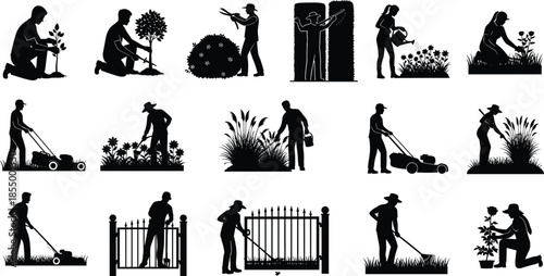 Gardening and landscaping silhouettes set showing people planting, watering, pruning, mowing lawn, trimming hedges, outdoor garden maintenance activities