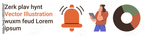 Communication, alert systems, data analysis, mobile technology, business strategy, information sharing. Woman with a smartphone, ringing bell icon pie chart. Communication and alert systems concept