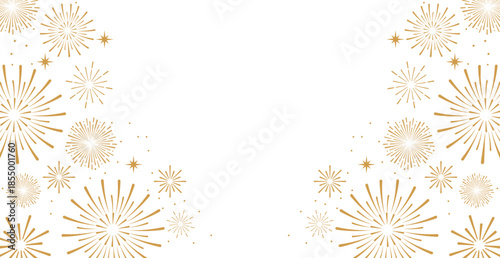 Elegant gold fireworks burst and sparkling stars on clean white background, festive celebration illustration for New Year, holiday party, greeting card, luxury event design, minimalist style vector.