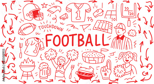 Hand drawn football doodles with touchdown. American football game day doodle illustration featuring essential elements and enthusiastic fans