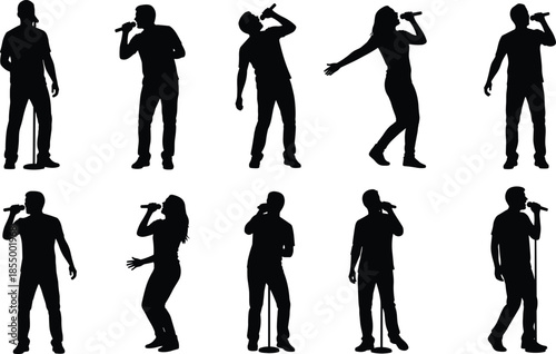 Male and female singer silhouettes performing with microphone expressive stage poses live music concert entertainment illustration collection set