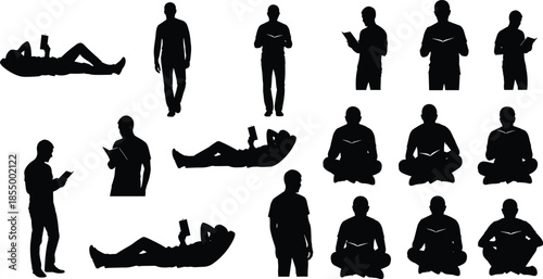 People reading book silhouettes collection with standing sitting lying poses male characters education study lifestyle illustration set