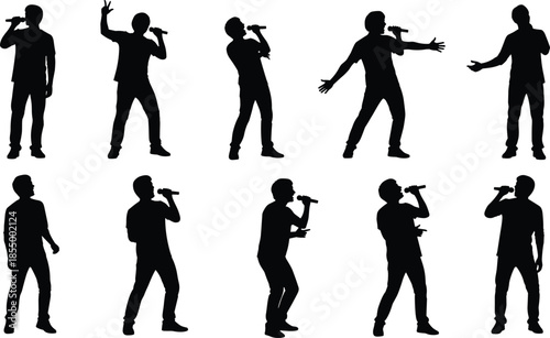 Male singer silhouettes performing with microphone expressive poses stage performance music concert show entertainment illustration collection set