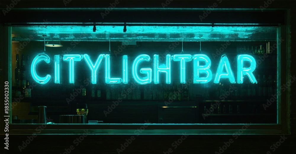 Obraz premium Bright neon sign spells CITYLIGHTBAR. Interior dimly lit, bottles visible behind bar. Nighttime scene, urban aesthetic.