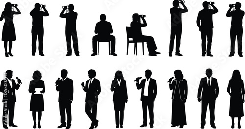 People silhouettes using binoculars and journalists with microphones standing and sitting observation reporting media communication illustration set