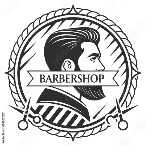 Barbershop Emblem With Man Portrait Scissors And Rope Border