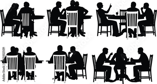 People sitting at table silhouette set showing social conversation meeting discussion dining teamwork interaction illustration collection