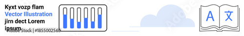Open book with text, cloud, and bar chart highlighting language learning, data analysis, and digital tools. Ideal for education, technology, cloud computing, analytics progress tracking