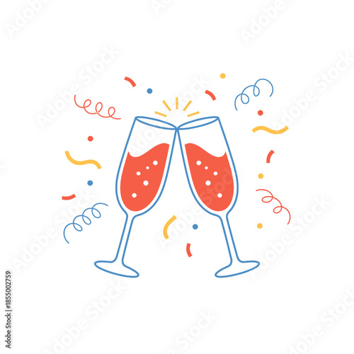 Two red wine glasses with celebration confetti isolated on transparent background