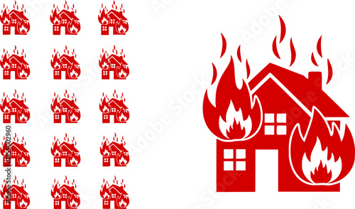 A house engulfed in flames with fire and smoke in a black outline vector style, ideal for emergency services illustrations

