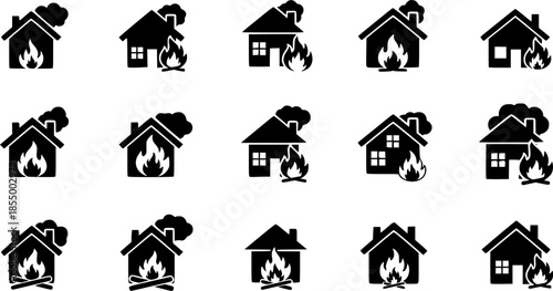 A house engulfed in flames with fire and smoke in a black outline vector style, ideal for emergency services illustrations
