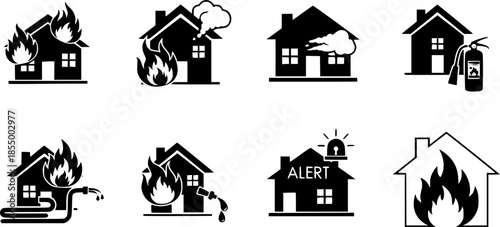 A house engulfed in flames with fire and smoke in a black outline vector style, ideal for emergency services illustrations
