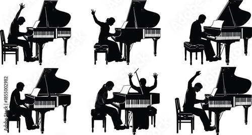 Piano player silhouettes set showing musicians performing grand piano concert classical music art performance illustration collection