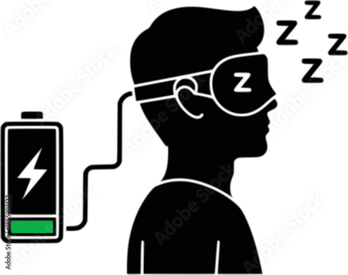 Sleep Tech & Tourism Silhouette - Person with Smart Eye Mask & Battery Recharging Icon Black Vector
