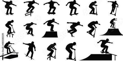Skateboard and scooter rider silhouettes set showing extreme sports tricks jumps ramps street skateboarding freestyle illustration collection