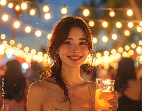 Smiling Woman with Drink at Night Event.
