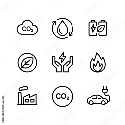 Set of environmental impact icons related to carbon emissions