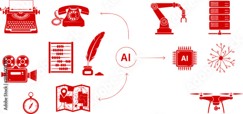 Obsolete Tools: AI Replaces Traditional Human Skills. Technological Advancement.
