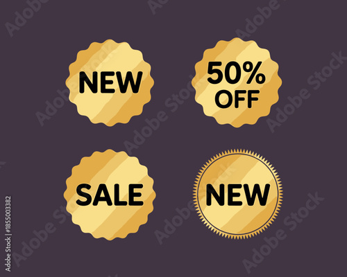 Golden sale and new product discount badges set isolated on transparent background