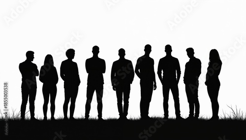 Group of diverse people silhouetted against white background. Individuals stand together in a line on grassy ground. Men and women pose casually. Unity and connection theme.