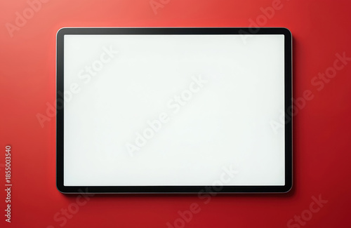 Tablet computer with blank white screen rests on vibrant red background. Device offers empty display space for graphics, ads, or web content. Modern tech gadget is ready for digital information.