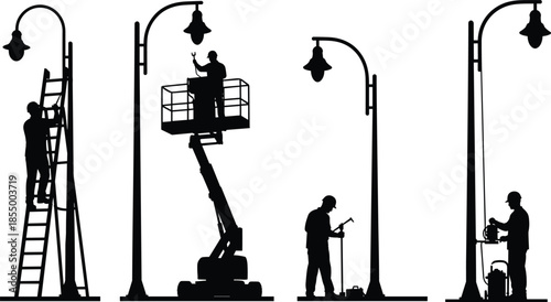 Street light maintenance worker silhouettes set showing technicians repairing installing urban lamp posts city infrastructure service illustration collection