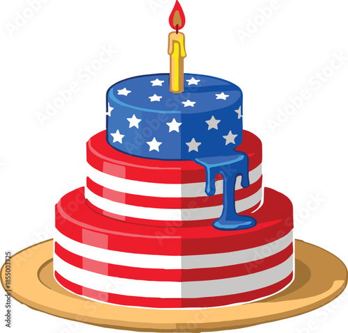 American flag cake with melting blue icing and single lit candle on birthday cake