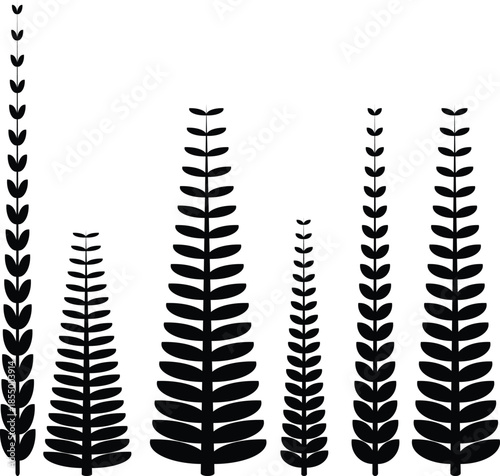 Vector art of collection of black stylized fern or leafy plant silhouettes of varying heights