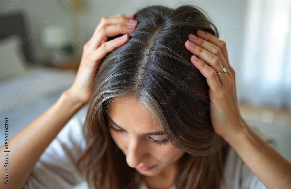 Fototapeta premium Woman checks natural grey hair roots growing out. Looks worried about aging hair color change, texture. Dark hair silver strands visible. Touches head, concerned about appearance.