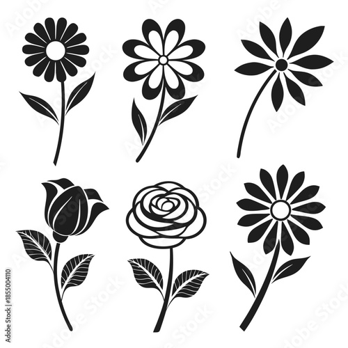 Group of six black flower and leaf silhouettes white background