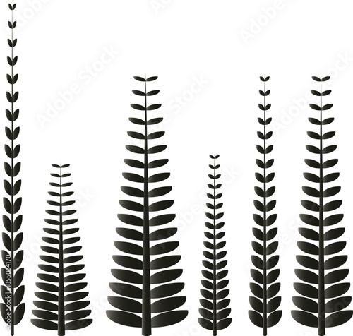 Vector art of set of six black stylized fern or leaf sprigs of varying heights