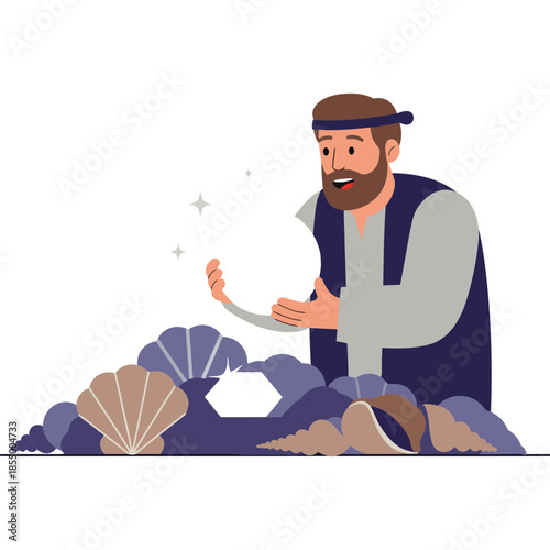 Mystical Illustration of a Bearded Man in a Cap Holding a Crystal Ball Surrounded by Magical Gems and Rocks