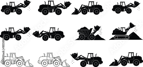 Wheel loader and bulldozer silhouettes set showing construction machinery excavation loading dumping heavy equipment illustration collection